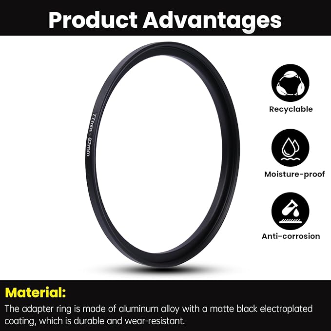 Metal Step Up Ring Filter Adapter - 77mm to 82mm - Metal Ring Step Up Rings Adapter Filter Compatible with All 82mm UV, CPL, ND, Lens Hood, Threaded Lens ect