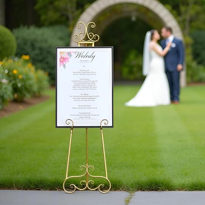 57”H Metal Easel Stand for Sign Gold, Upgrade Large Free Standing Adjustable Display Scroll Easel Stand, Heavy Duty for Mirror Pictures Wedding Holder Showcasing with Chain Support