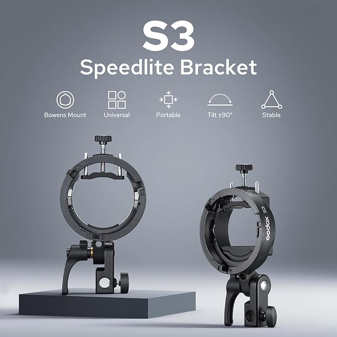 Godox S3 Speedlite Bracket, S-Type Bracket Updated Version Bowens Mount Holder for Godox V1 V1Pro V100 AD300Pro AD300ProII AD200ProII AD200Pro AD200 V860II V860III TT350, Support ±90° Angle Adjustment