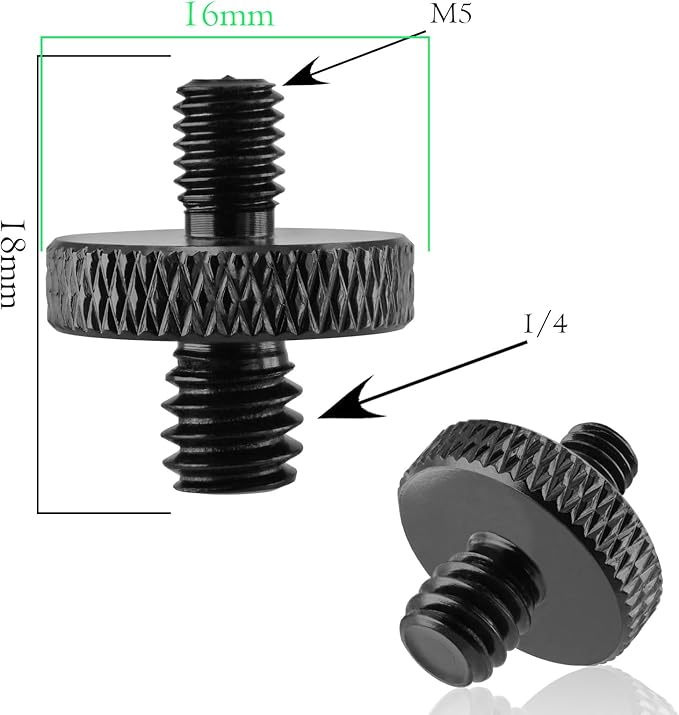 3-Piece 1/4" Male to M5 Male Aluminum Tripod Nut Connector, Black, for Cameras, Ball Heads, Monopods