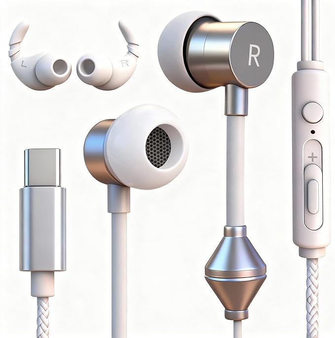Air Tube Headphones USB-C | EMF Free Anti Radiation Wired Earbuds with Microphone for Hearing Protection | HD Sound & Clear Calls | Volume Control, USB C Adapter for iPhone 15, Android, Laptop