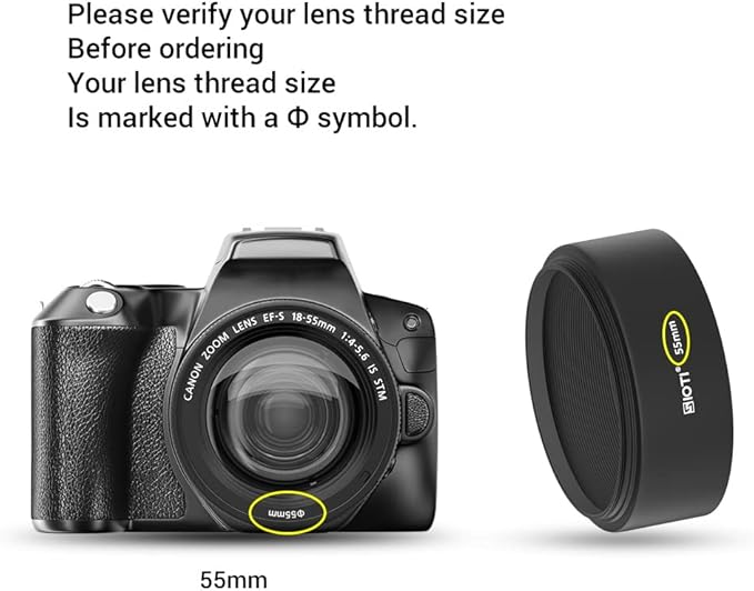 SIOTI 55mm Lens Hood, Oxidation Matte Anti Reflective Treatment, Aluminum Alloy, with 1 * 58mm Lens Cap, Compatible with Sony/Canon/Nikon/Fuji etc >50mm Camera Lens