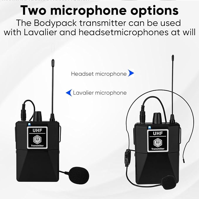 W IN-MIX UHF Wireless Microphone System -Dual Bodypack 260ft Fixed Frequency for Church, Wedding, Conference