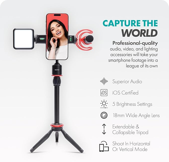 Movo iVlog1 Vlogging Kit - iPhone Lightning Compatible YouTube Starter Kit - Shotgun Microphone, Mini Tripod, LED Light, Wide-Angle Lens, Lightning Adapter