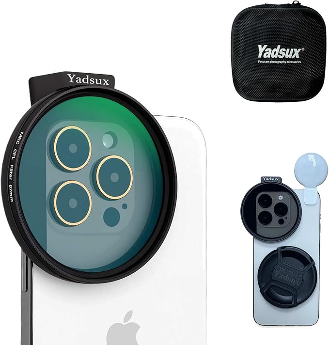 67mm CPL Polarizing Lens for Phone Camera - Universal Metal Filter Adapter with Hot Shoe Mount & Selfie Mini Light - Eliminate Glare & Boost Color Saturation for iPhone 16/15/14 Samsung Galaxy 24/23