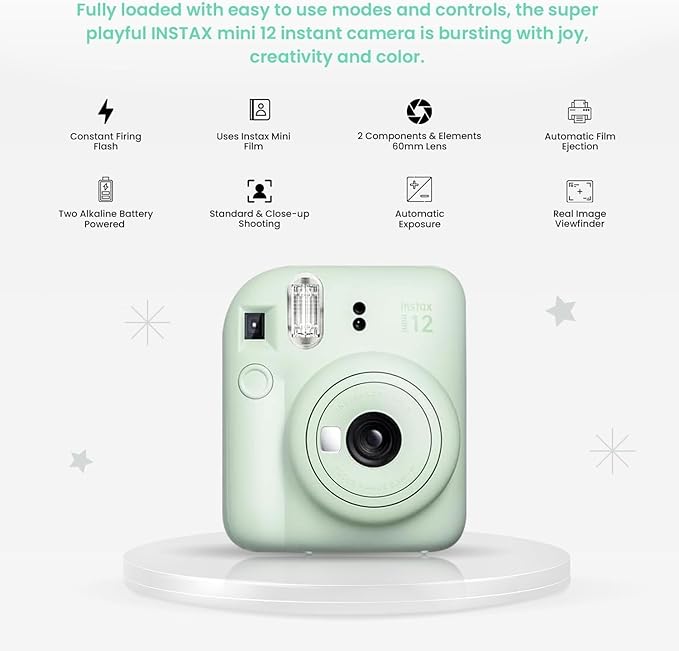 Fujifilm Instant Mini 12 Camera + Accessory Bundle & Custom Case + Fuji Instant (20 Shots) Designer Mini Photo Album (60 Pockets) (Mint Green)