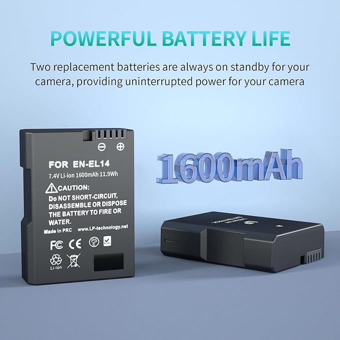 LP EN-EL14 Battery Pack, 2-Pack EN EL14a 1600mAh Battery, Compatible with Nikon D3100 D3200 D3300 D3400 D3500 D5100 D5200 D5300 D5500 D5600 DF, Coolpix P7000 P7100 P7700 P7800 Cameras and More