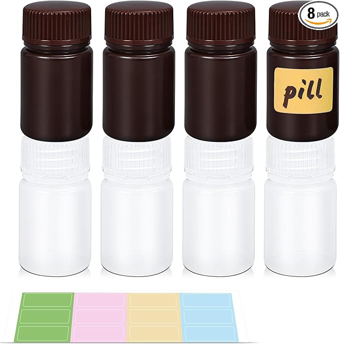 UMETASS Small Pill Bottle, Empty Medicine Bottles with Screw Caps for Pills Capsules Vitamins, Food Grade Plastic Medicine Containers with Labels for Travel (Translucent&Brown, 1oz/30ml, 8 Pcs)