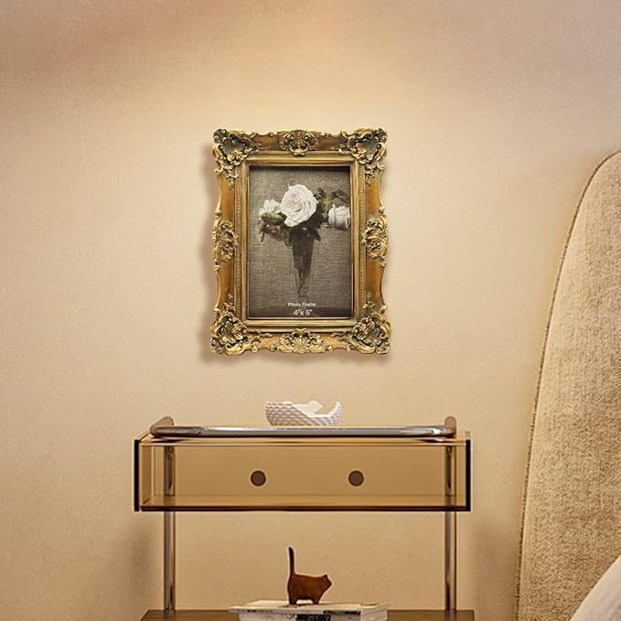 CISOO 4x6 Vintage Picture Frame, Antique Ornate Bronze Gold Photo Frame, for Table Top and Wall Display, Decorative Floral Design Retro Home Decor, Photo Gallery Art