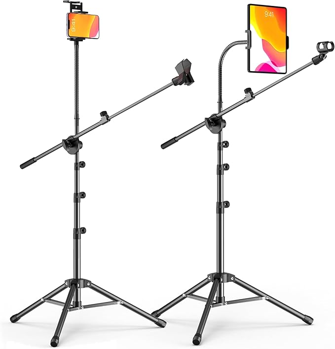 Microphone Stand with IPAD Clip, Floor Foldable Mic Stand with Phone Clip,Heavy Duty Tripod Boom Arm with 2 Mic Clips and Carrying Bag for Singing Karaoke Stage