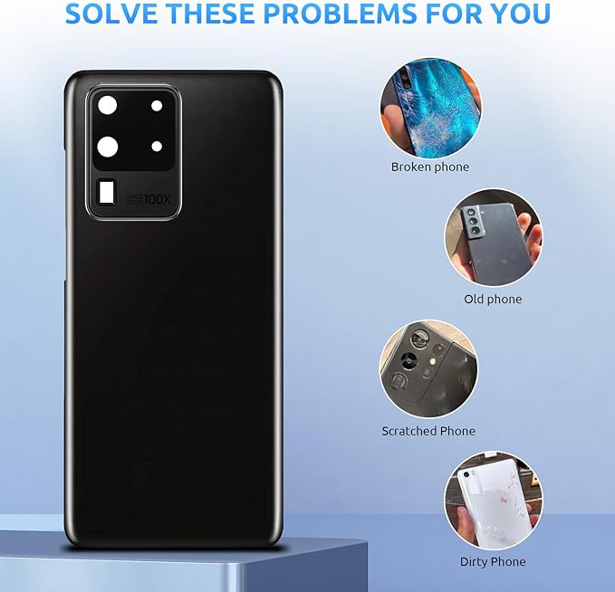 Back Glass Replacement for Samsung Galaxy S20 Ultra SM-G988 Back Cover Rear Housing with Camera Lens + Repair Tool Kit Genuine Rear Glass (Black)