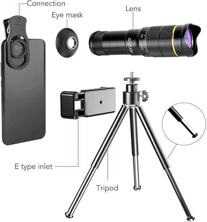Portable 32X Phone Camera Lens HD Zoom Lens Clip On, Double Adjustment Eyepiece System, Large Aperture Objective Lens, Multiple Use Modes, Widely Applicable for Photo Video