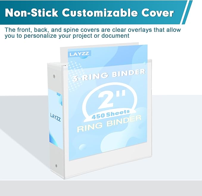 3 Ring Binder, LAYZZ 6 Pack 2 Inch Binders 3 Ring with 2 Pockets, Round Ring Binders, Clear Cover Binders for Letter Size 8.5"x11" Paper, PVC Free, Suitable for School Home and Office (White)