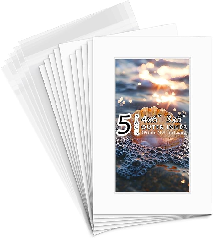 Golden State Art, Acid Free, Pack of 5, 4x6 White Picture Mats Mattes with White Core Bevel Cut for 3x5 Photo + Backing + Bags