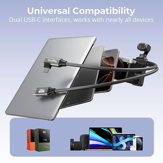 SMALLRIG USB4 40Gbps USB-C Cable, 240W Fast Charging & 8K@60Hz Video & 40Gbps Data Transfer, 60cm/23.6in Straight to Angled Connectors with Cable Tie, for MacBook for iPad Pro for iPhone - 5076