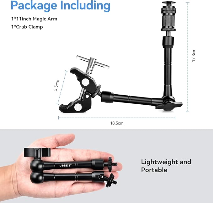 UTEBIT 11" Adjustable Magic Arm with Super Clamp, 360° Ball Heads with ARRI 1/4" & 3/8" Thread Screw for Flash/LED Light/Microphone/Monitor, Compatible with SmallRig Camera Cage, Max Load: 4.4lb/2kg