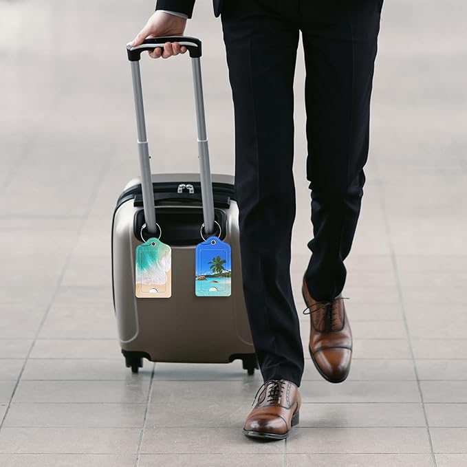 2 Pack PU Leather Luggage Tags for Suitcase, Travel Cruise Luggage Tag with Privacy Flap, Name ID Label and Metal Loop for Women Men Baggage Handbag School Bag Backpack, Beach