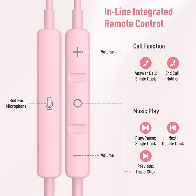 USB C Headphone for iPhone 17 Air 16 15 Pro Max Plus/iPad, Type C Earphone with Mic HiFi Stereo Magnet Cute USBC Wired Earbud for Samsung Galaxy S26 S25 S24 Ultra A35 S23 Fe S22+ A17/Pixel 10 9, Pink