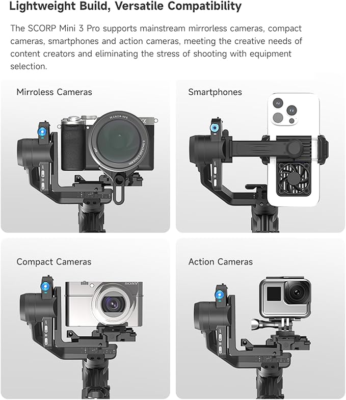 FeiyuTech SCORP Mini 3 Pro Kit 3-Axis Camera Stabilizer,Built-in AI Track,All in One Handheld Gimbal for Mirrorless, Pocket Camera,Action Camera, Phone, 2KG Payload