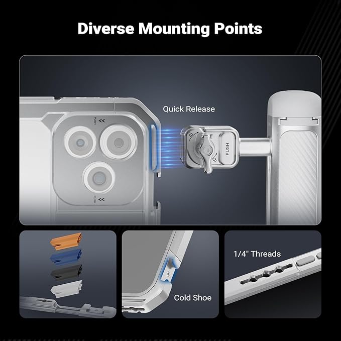 NEEWER Phone Cage Kit Compatible with iPhone 17 Pro Only, Video Rig Stabilizer Accessories with 67mm Filter Ring, 17mm & T Mount Lens Backplates, Quick Release Bluetooth Handle, PA143 (Silver)