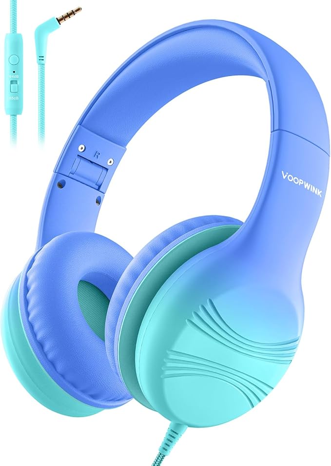 Kids Headphones, Wired Headphones for Kids with Microphone 85/94dB Volume Limit, Stereo Sound Portable Over Ear Headphones for School/Travel/Tablet/iPad, Gradient Blue