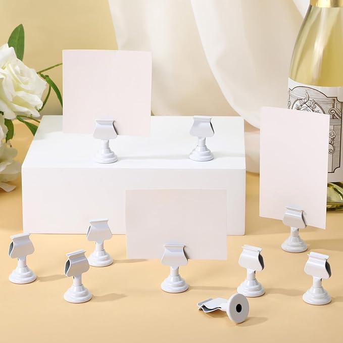 Kathfly 24 Pcs Metal Table Number Holders 1.7 inch White Mini Place Card Holders Bulk Harp-clip Table Sign Stands Card Holder Display Picture Memo Notes Menu for Weddings Restaurants Birthday Decor