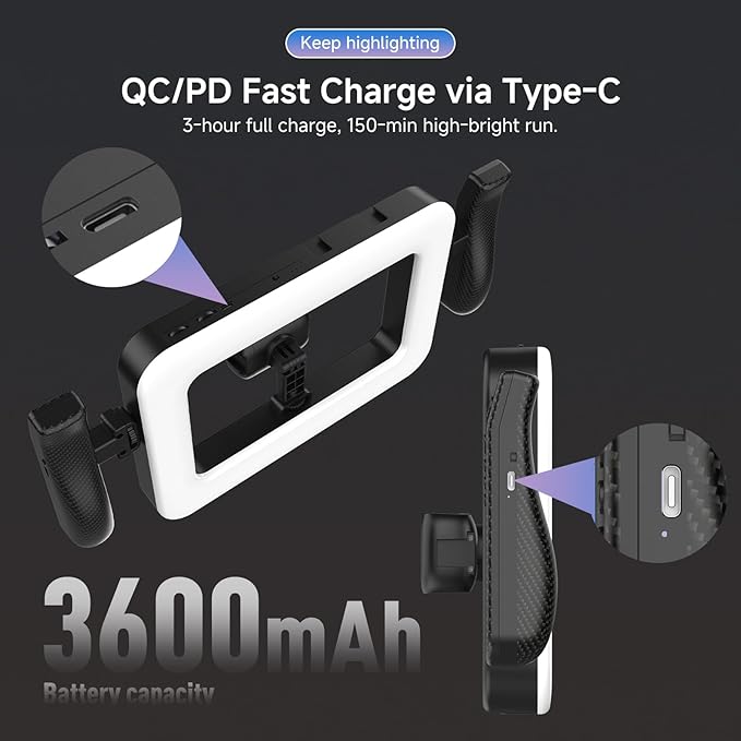 Handheld Smartphone LED Ring Light Video Rig with 20m Bluetooth Remote Handle, Ergonomic Stabilizer, 2900K-7000K Adjustable, Fast-Charge, 1/4” Mount for Selfies, Makeup, Live Streaming, Vlogging