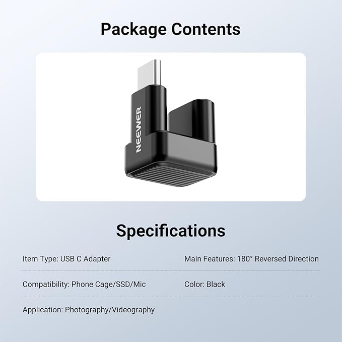 NEEWER USB Type C Adapter, 180 Degree U Shaped USB C OTG Adapter Extender Mobile Photography Accessories Compatible with iPhone 17 16 15 Samsung S25 Ultra Phone Cage & Case, PS017