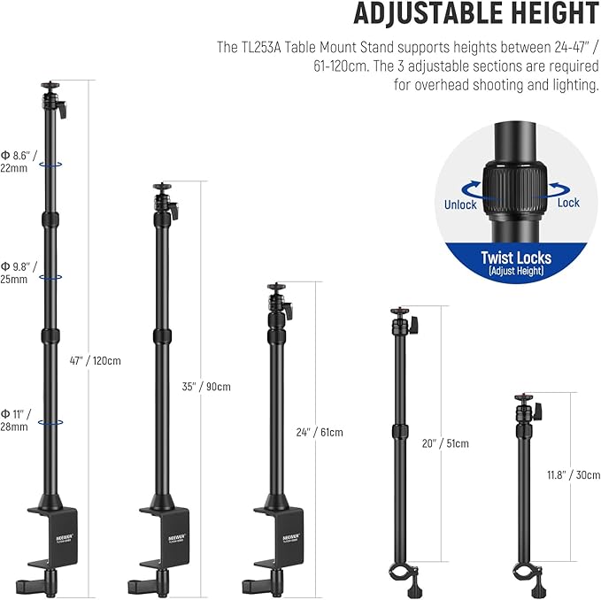 NEEWER Desk Stand with 2 Telescopic Boom Arms Phone Holder for Mic Camera Webcam Ring Light, Desktop Overhead Microphone Mount with C Clamp, Ball Heads, Screw Adapter, Cleaning Cloth, TL253A+DS001