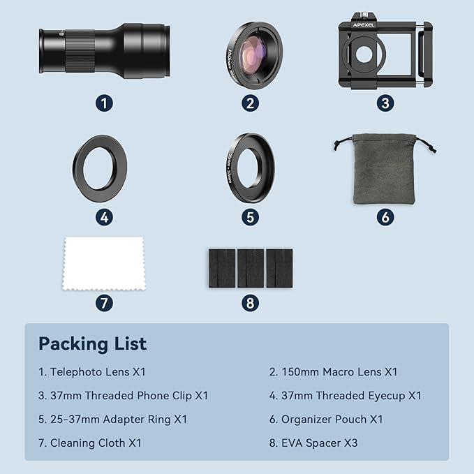 APEXEL 2-in-1 Telephoto Lens & 150mm Macro Lens for | 6X Telephoto and Macro Lens Kit with Universal Clip | Compatible with 16/15/14/13 Pro/Max, Samsung and Android Smartphones