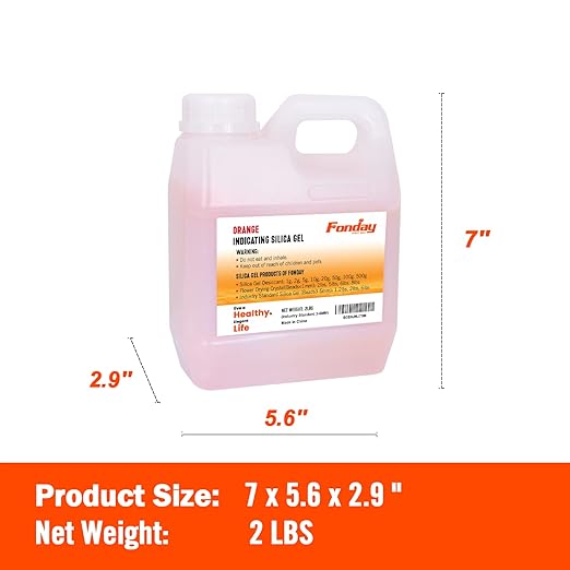 2LB Fonday Premium Moisture Indicating Silica Gel Desiccant Orange to Green Rechargeable Industry Standard Bead Size 3 to 5mm
