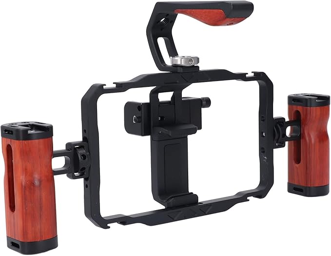 Aluminum Alloy Detachable Dual Wooden Handles Phone Cage for Cellphone Handheld Stabilizer, Smartphone Video Rig Kit, Universal Phone Video Rig Kit for Vlogs Videos Live Streaming