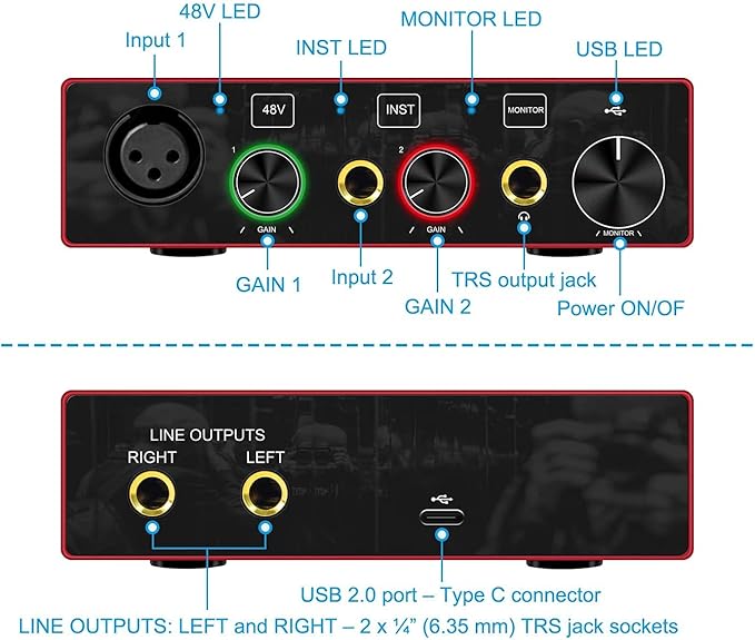 Audio Interface USB Audio Interface with Mic Preamplifier USB Audio Mixer Recorder with 48V Phantom Power, 24 Bit, Support Tablet, Computers and Other Equipment Recording （NO DAW Software included）