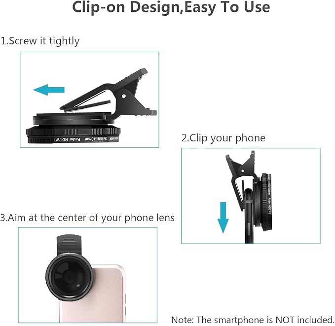 NEEWER 37mm Clip On ND2-ND400 Phone Lens ND Filter Kit: Variable Neutral Density Filter with Phone Clip Compatible with iPhone 15 14 13 Samsung S24 S23 S22 Ultra Android Smartphones iPad