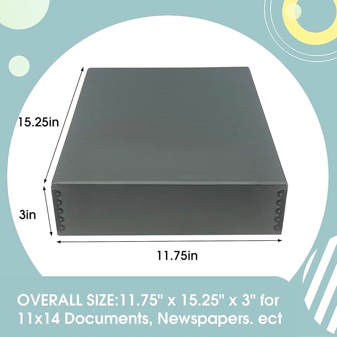 Golden State Art, Archival Storage Box, Acid-Free Drop Front Museum Box with Metal Edge for Storing Artwork Photos Documents Prints Arts And Crafts (Gray-11.75x15.25x3 Inches)