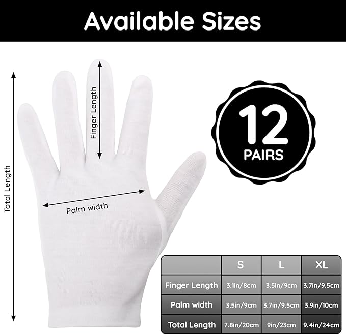 Segbeauty 24 Count Extra Large White Cotton Moisturizing Gloves, 12 Pairs Hand Gloves Moisturizing Overnight for Dry Hand, White Gloves Lotion Gloves for Men and Women, Sleeping Gloves for Rough Hands