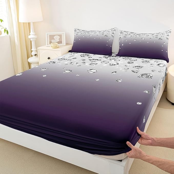Erosebridal Purple Gradient Color Bed Sheets Set Purple Ombre Sheet Set King Size Modern Abstract Fitted Sheet for Adult Women Girls Gradient Diamond Flat Sheet Soft Lightweight Luxury Bedding