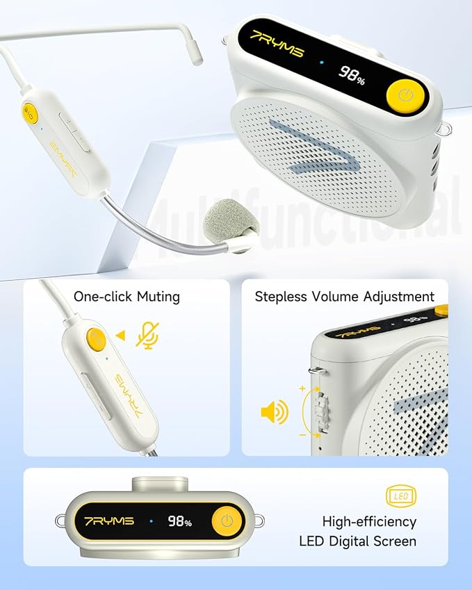 7RYMS WA1 Wireless Voice Amplifier with Headset Microphone for Teachers, Personal Power Amplifier with Noise Canceling, 164ft Range, 23H Working, Microphone Speaker for Teaching, Speech, Yoga(White)