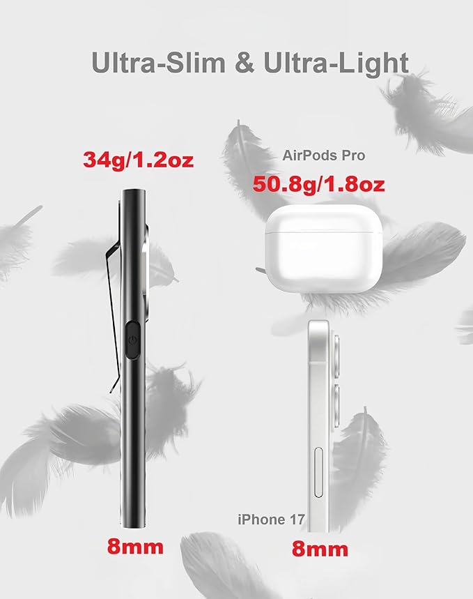 Pocket LED Flashlight, Ultra-Slim 8mm EDC Flashlight Rechargeable, 600 Lumens, 8 Modes Mini Flashlight for Car, Home, Camping, Hiking, Night Work, Walking, Emergency
