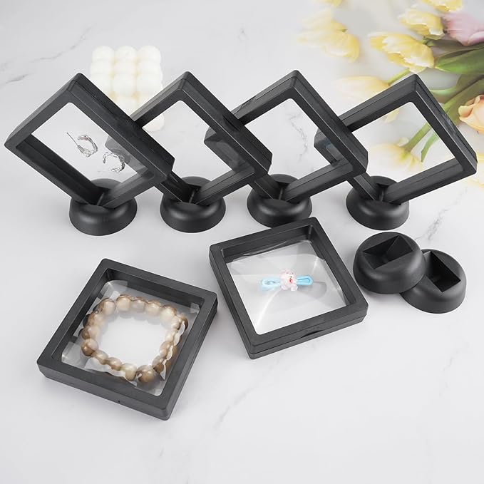 12PCS 3D Floating Frame Case with Stands, Challenge Coin Display Stand Holder, Gift Packing Frame Showcase for Earrings, Jewelry, Medallions, Specimens, 3.54x3.54 Inch (Black)