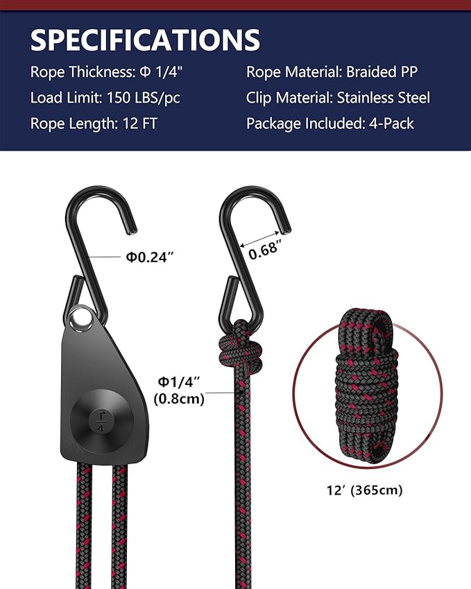 VIPARSPECTRA Ratchet Tie Down Straps, 1/4" Adjustable Rope Hangers [4 Pack, 12FT, 150 lbs/Pack], Heavy Duty Kayak Pulley System with Hooks for Garage Cargo Trucks Tents Grow Lights Various Lashing