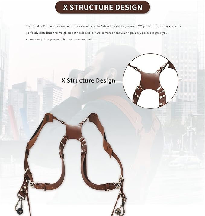 Gugxiom Double Camera Strap,Camera Shoulder Strap for Two Cameras,Adjustable Leather Double Camera Harness Brown