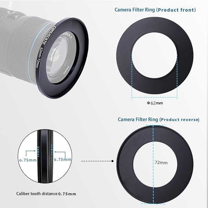 62mm to 72mm Camera Lens Adapter,Change The Filter or Lens Size from 62mm to 72mm.Compatible All 72mm Thread Filter Accessory+1pcs Lens Cleaning Cloth.