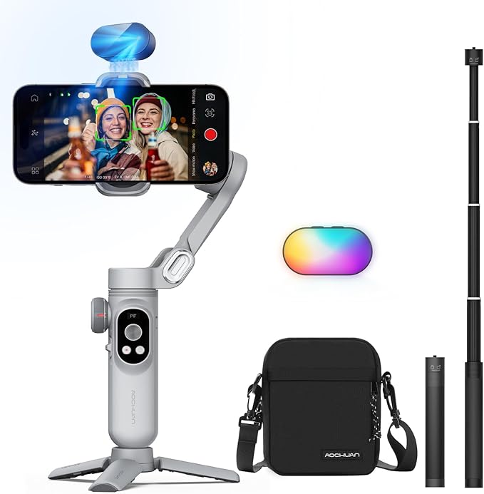 AOCHUAN 3-Axis Gimbal Stabilizer for Smartphone Smart AI XPro Grey & B10 Storage Bag & E10 Extension Rod & P03 RGB Magnetic Fill Light