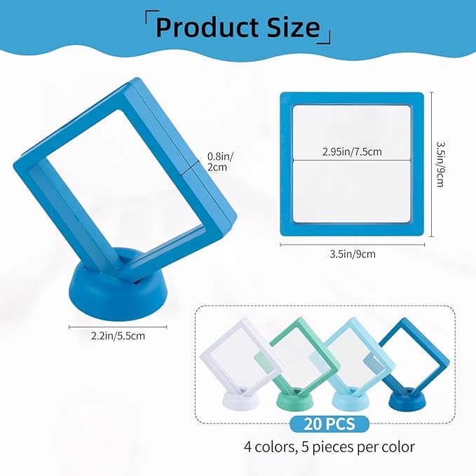 20 Pcs Floating Frame Case with Stands, 3.5X 3.5 x 0.8 inch, Challenge Coin Display,Transparent PE Jewelry Storage Box, Floating Display Holder Stands for Antique Challenge Coins, Medallion(Color C)