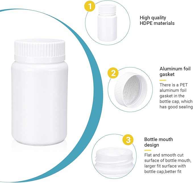 UMETASS White Pill Bottle, Empty Medicine Bottles with Screw Caps for Pills Capsules Vitamins, Food Grade Plastic Medicine Containers with Labels for Travel (6.7oz/200ml, 4 Pcs)