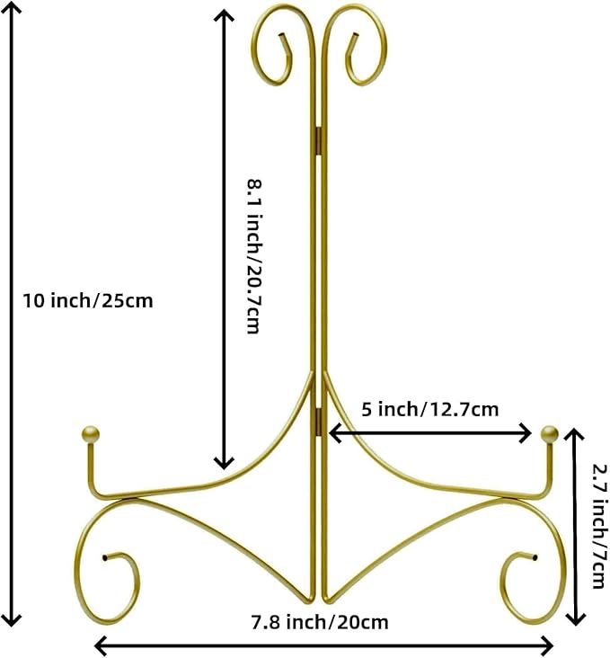 SVENJBB Gold Iron Plate Stand, 10 Inch Plate Holder for Display, Small Metal Plate Display Stands for Cookbook, Picture Frame, Photo, Decorative Plates (10 Inch, 2 Pack)