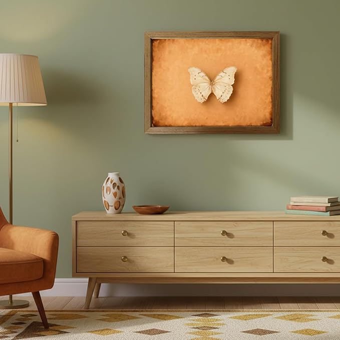 Vintage Butterfly Wall Art, Rustic Cottagecore Framed Canvas Print for Bedroom Bathroom Living Room, Moody Green Insect Artwork, Small 8x10 Wooden Frame Farmhouse Gallery Wall Decor