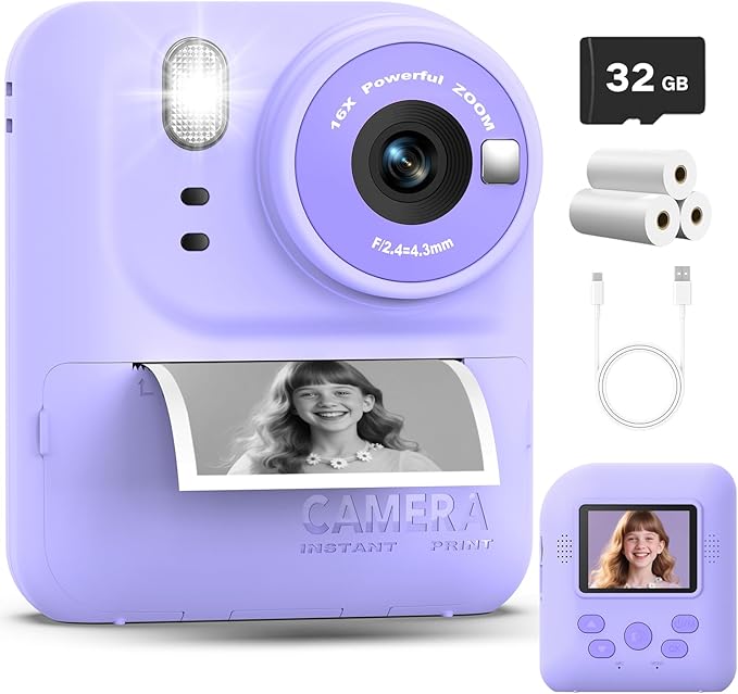 Okaloka Kids Instant Print Camera Toys,1080P HD Toddler Digital Video Camera,Christmas Birthday Gifts for Girls Boys Age 3-12 Year Old - 32G SD Card Included (Purple)