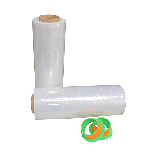 BOMEI PACK 2 Pack 1500ft Industrial Clear Stretch Wrap Film 70 Gauge 15" with 3inch Plastic Rolling Handles for Pallet Wrap, Durable Self-Adhering Packing, Moving, Heavy Duty Shrink Film